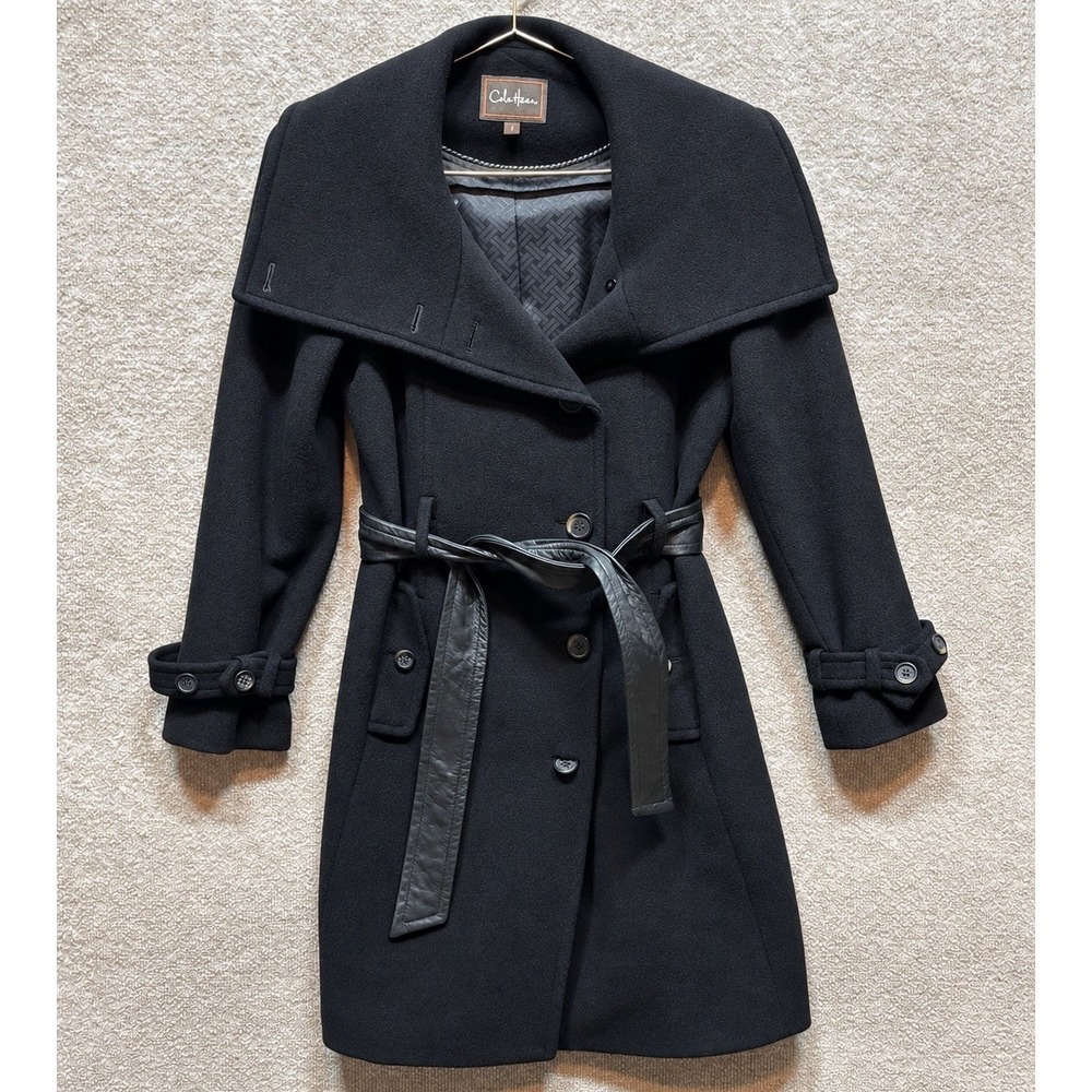 Cole Haan Cashmere and Wool Pea Coat Women's 2 Black Lambskin Leather Belt EUC